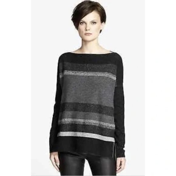 New Vince cashmere wool striped boatneck boxy relaxed fit minimalist sweater - Picture 2 of 15